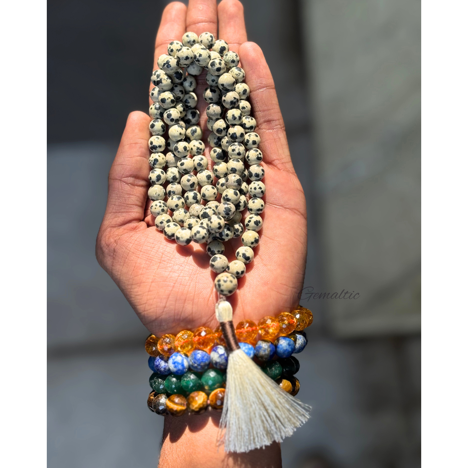 Dalmatian Jasper Jap Mala Necklace – 108 Beads for Protection & Joy