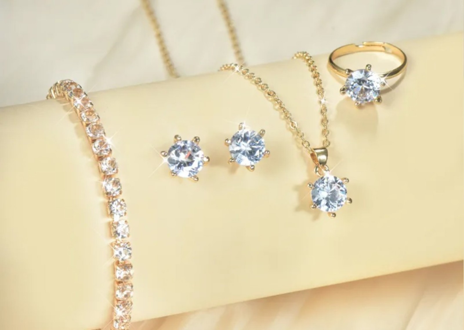 Gold Tone Clear Crystal Jewelry Set Necklace Earrings Ring & Bracelet