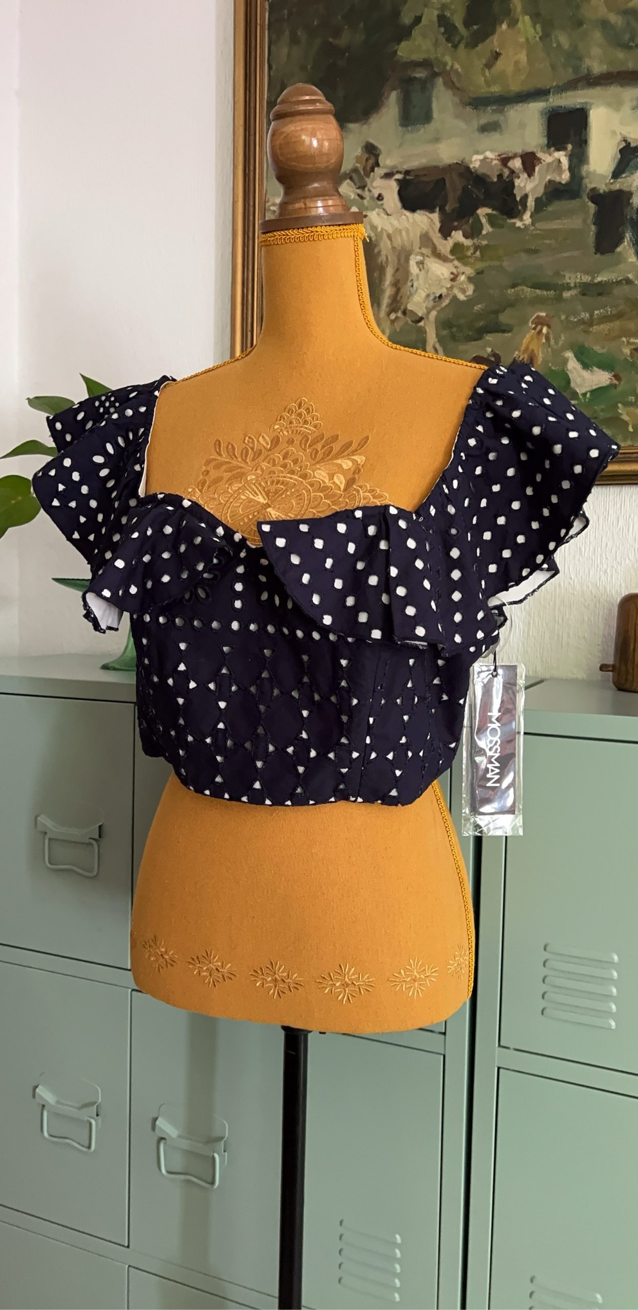 Mossman Navy & White Polka Dot Ruffle Crop Top