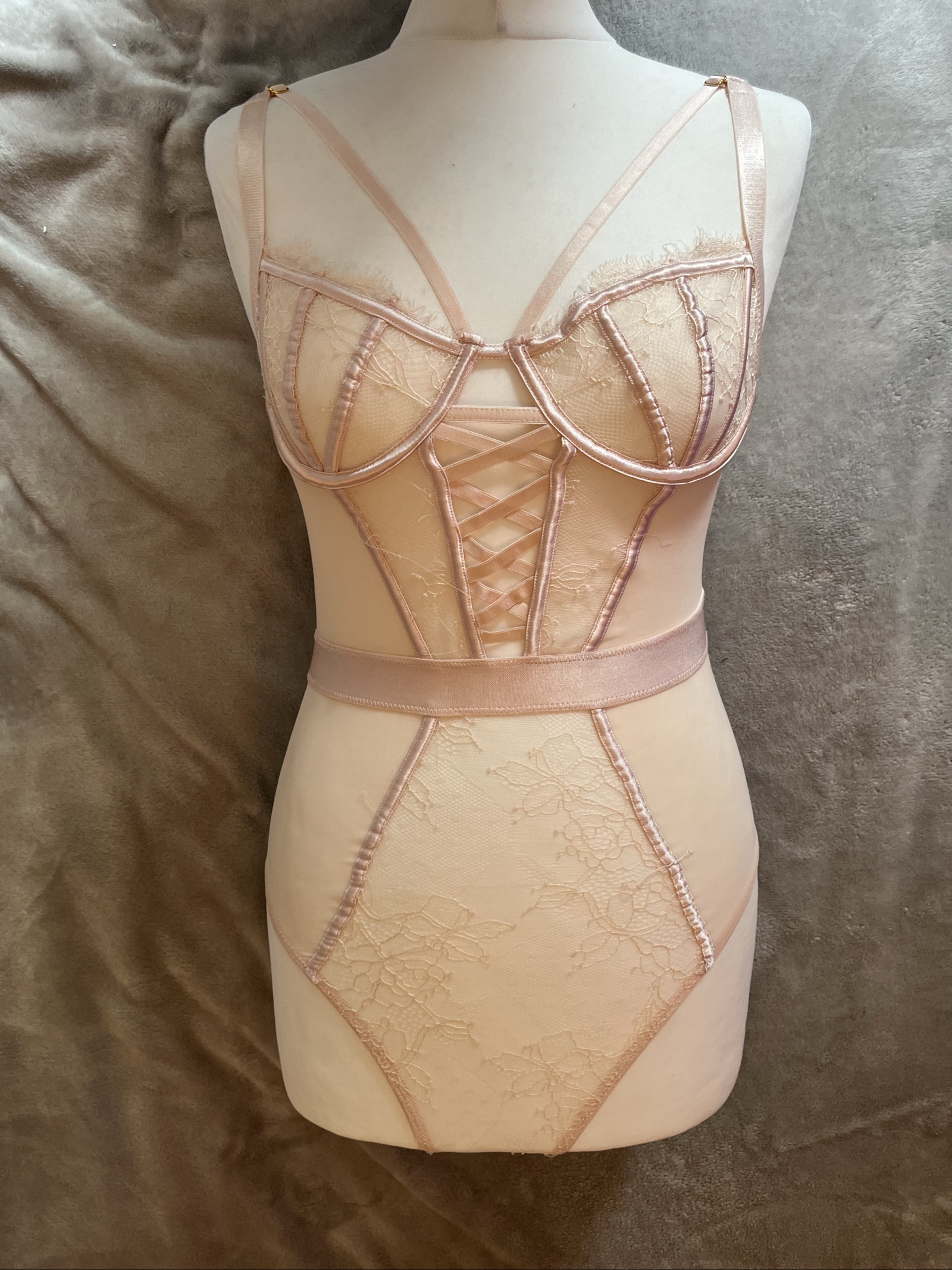 Wolf & Whistle Nude Lace Satin Body UK 34D Sheer Lingerie