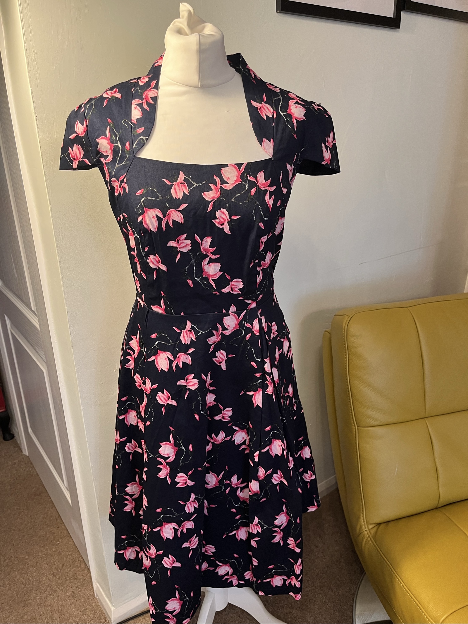 Vintage Stella Morgan Navy & Pink Floral Fit and Flare Dress UK 14