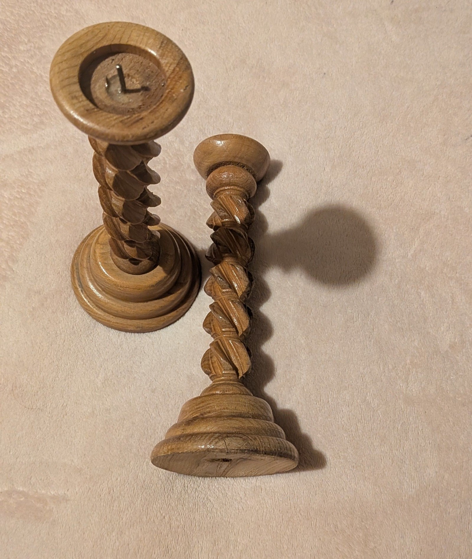 Brown Wooden Spiral Candle Holders Pair