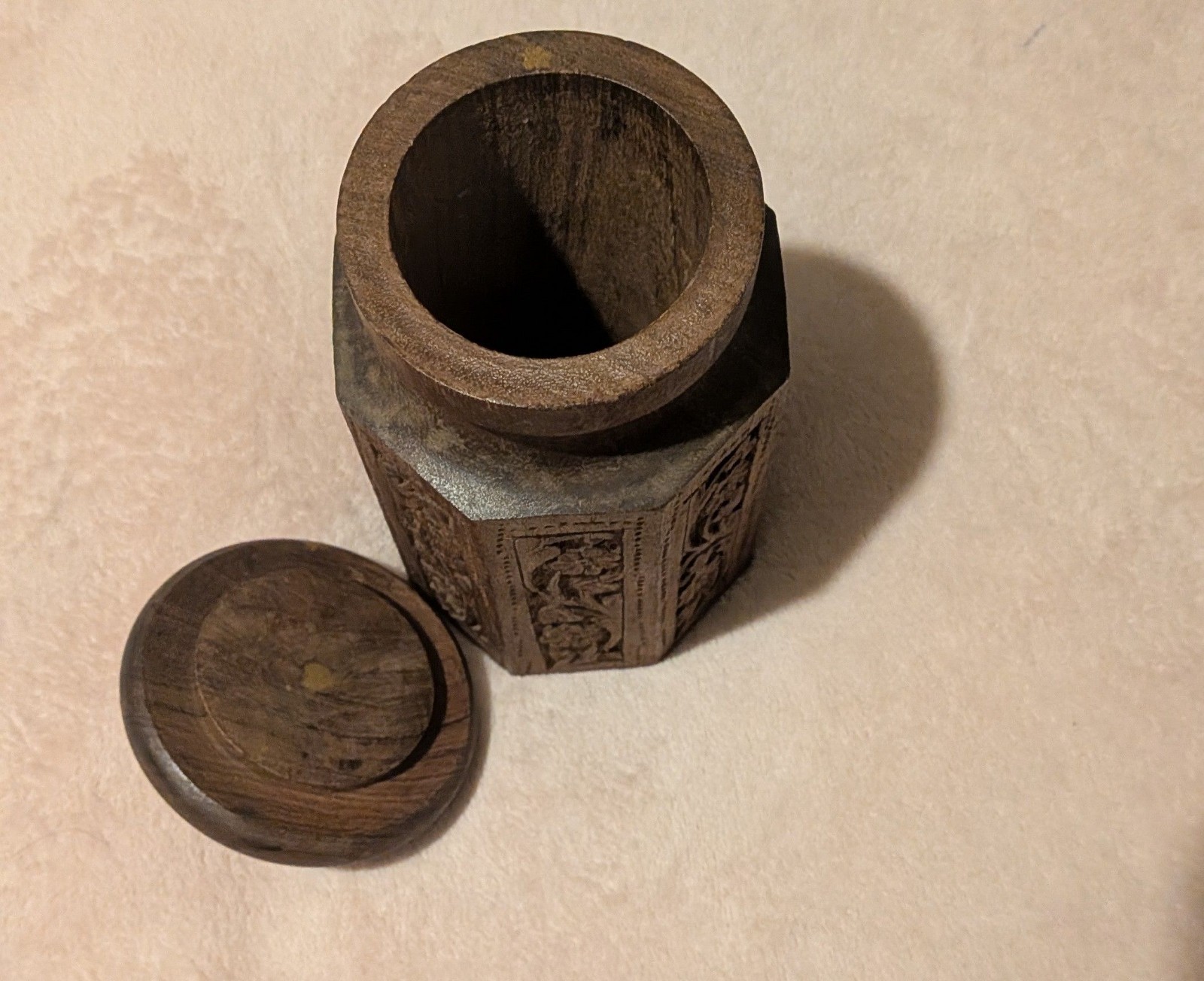 Hand Carved Wood Decorative Container Jar Brown image 2