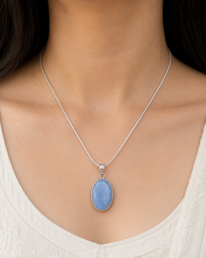 Blue Angelite Pendant with Chain – Lab Certified Natural Healing Crystal Necklace