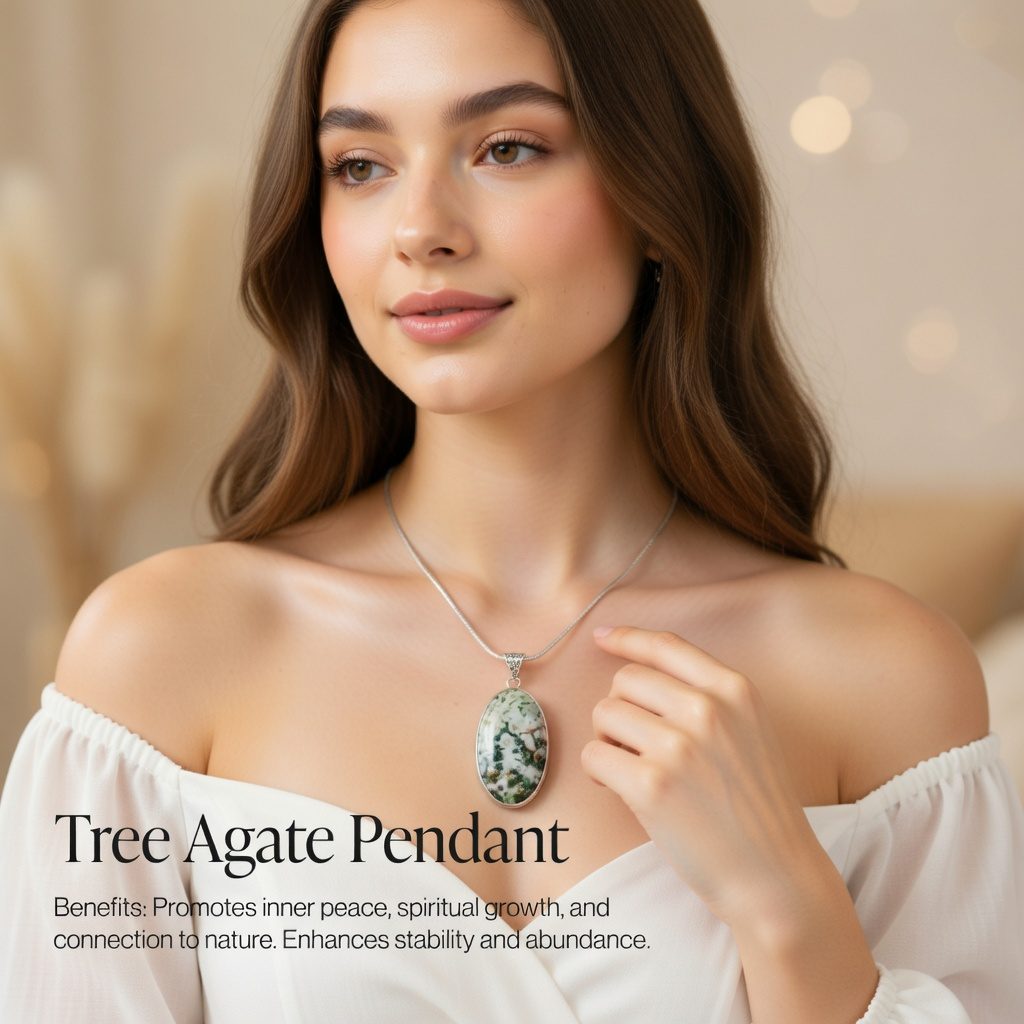 Tree Agate Pendant with Chain – Lab Certified Natural Healing Crystal Necklace
