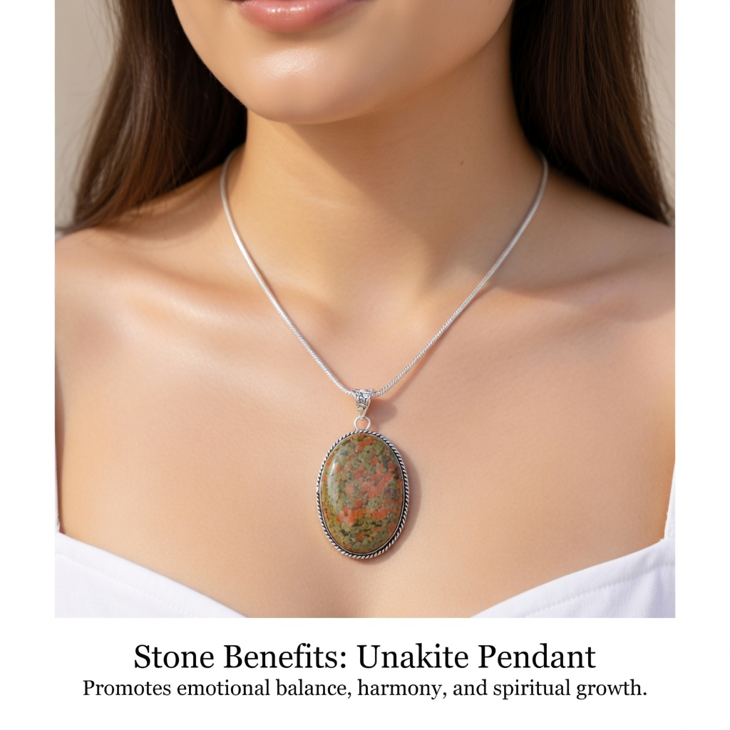 Unakite Pendant with Chain – Lab Certified Natural Healing Crystal Necklace Discover balance, healing, and natural beauty with this elegant Unakite Pendant with Chain, crafted using a lab certified natural Unakite stone. Known for its beautiful blend of green and pink tones, Unakite is a natural stone composed mainly of epidote, feldspar, and quartz, admired for its grounding energy and emotional healing symbolism. Perfect for meditation, healing practices, or stylish everyday wear, this pendant combines earthy elegance with meaningful spiritual energy.