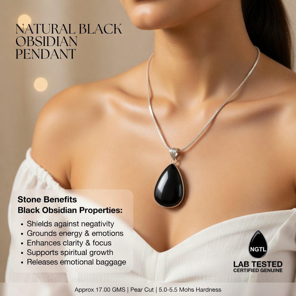 Black Obsidian Drop Pendant with 24-Inch Chain – Certified Natural Crystal Necklace for Men & Women