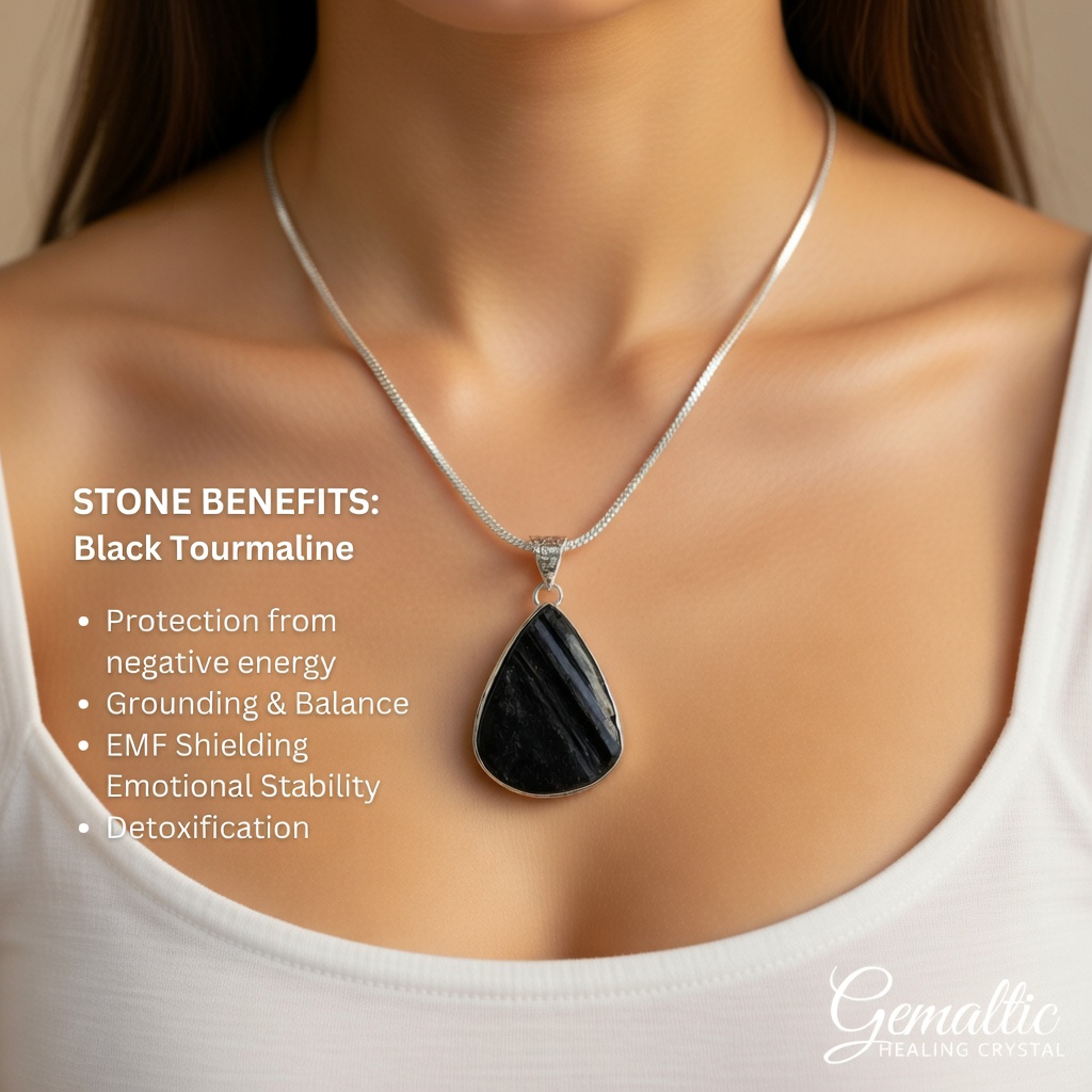 Black Tourmaline Drop Pendant with 24-Inch Chain – Certified Natural Crystal Necklace for Men & Women