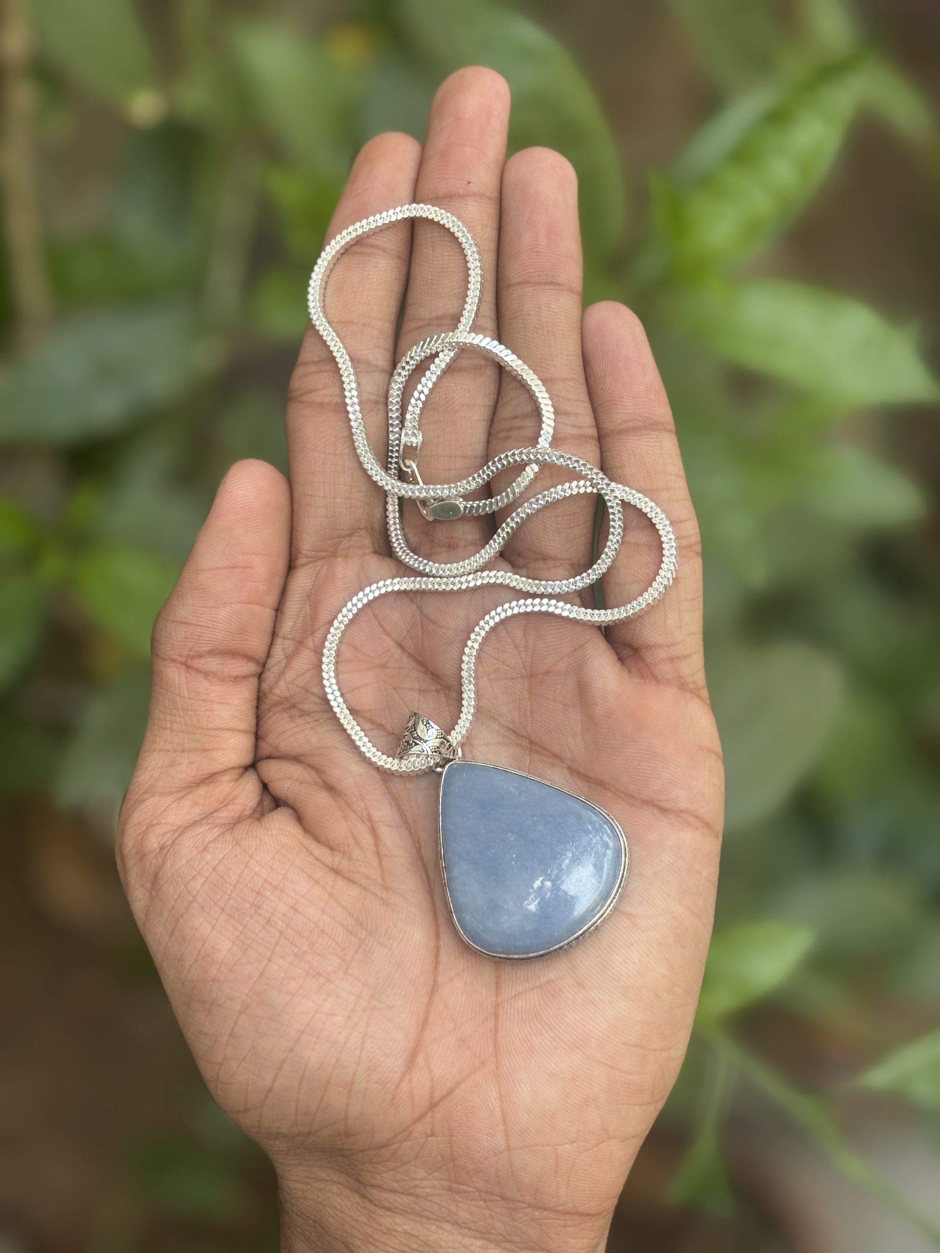 Blue Angelite Drop Pendant with 24-Inch Chain – Certified Natural Crystal Necklace for Men & Women image 2