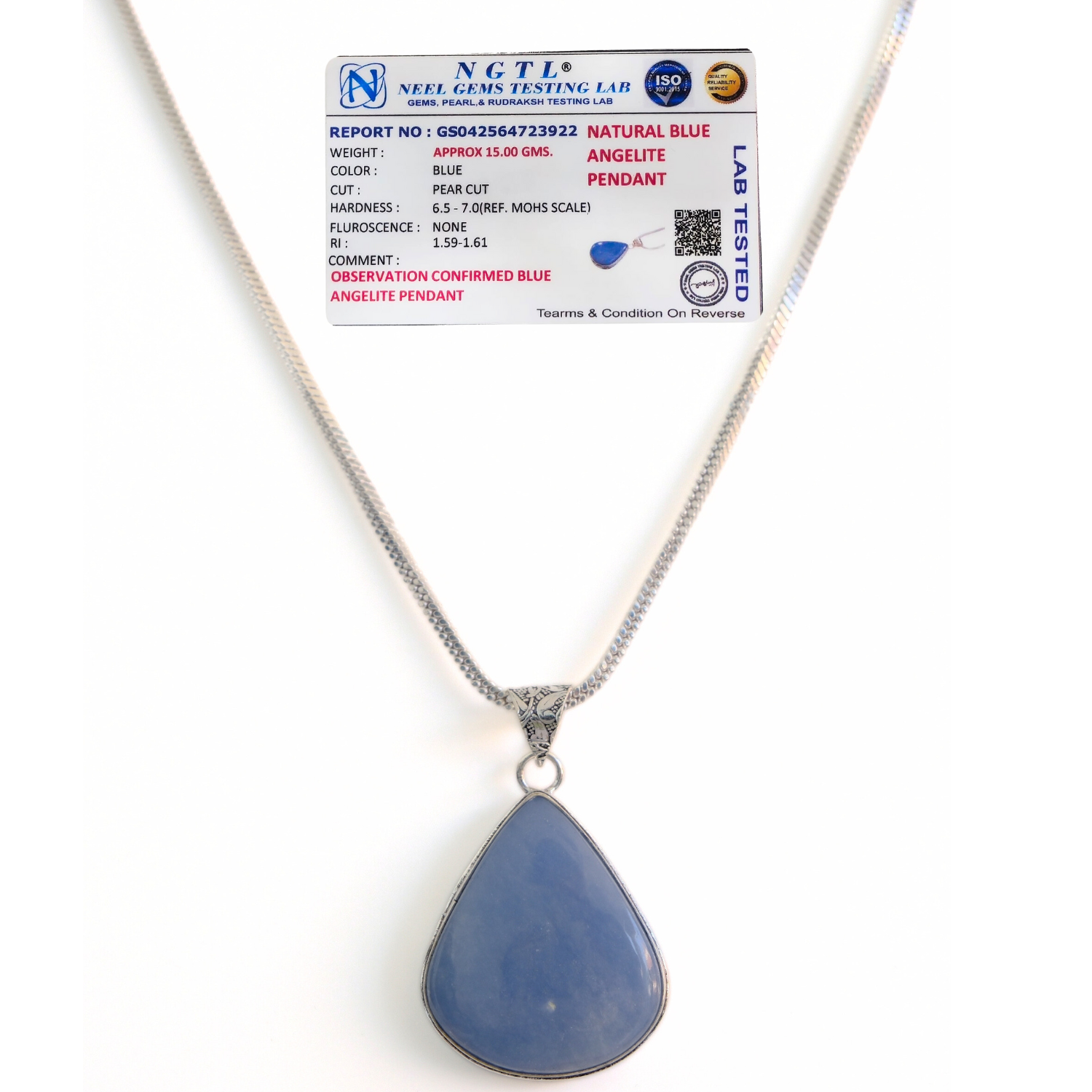 Blue Angelite Drop Pendant with 24-Inch Chain – Certified Natural Crystal Necklace for Men & Women image 3