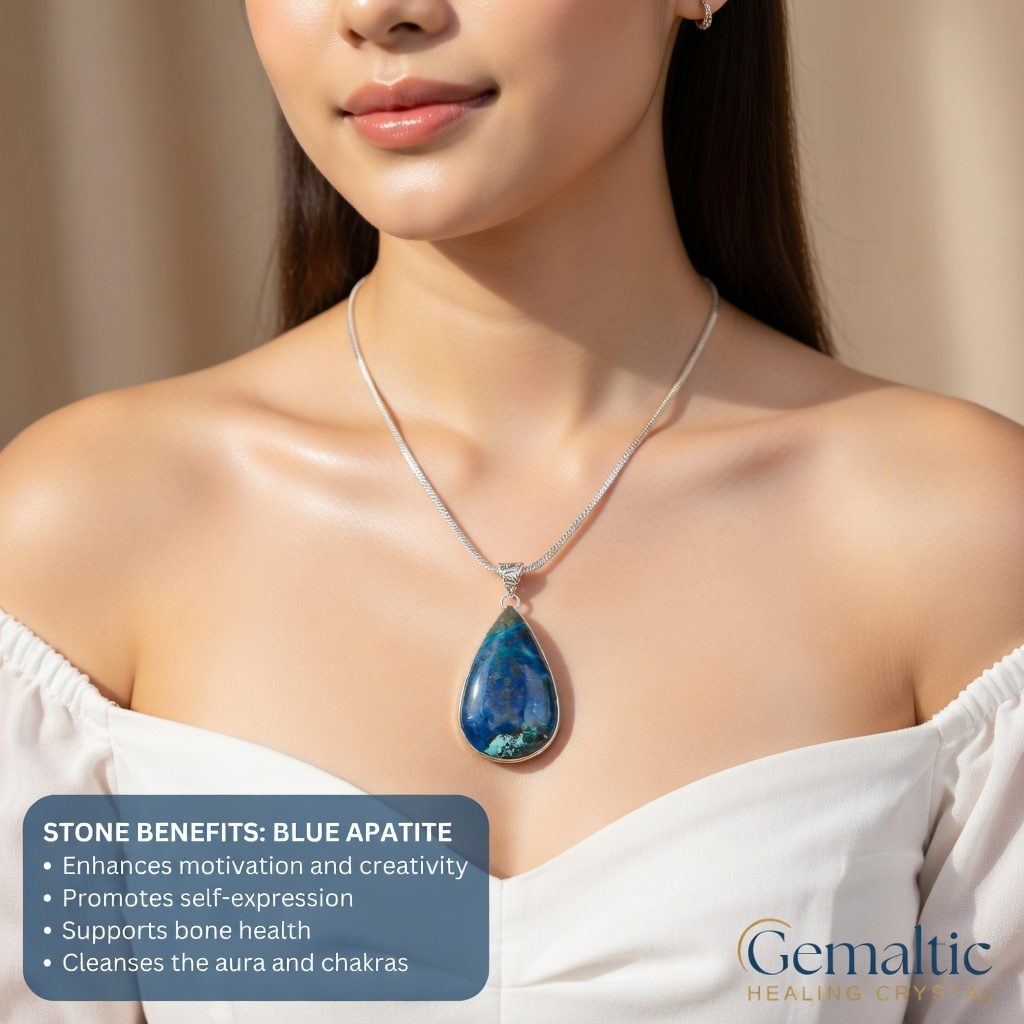 Blue Apatite Drop Pendant with 24-Inch Chain – Certified Natural Crystal Necklace for Men & Women