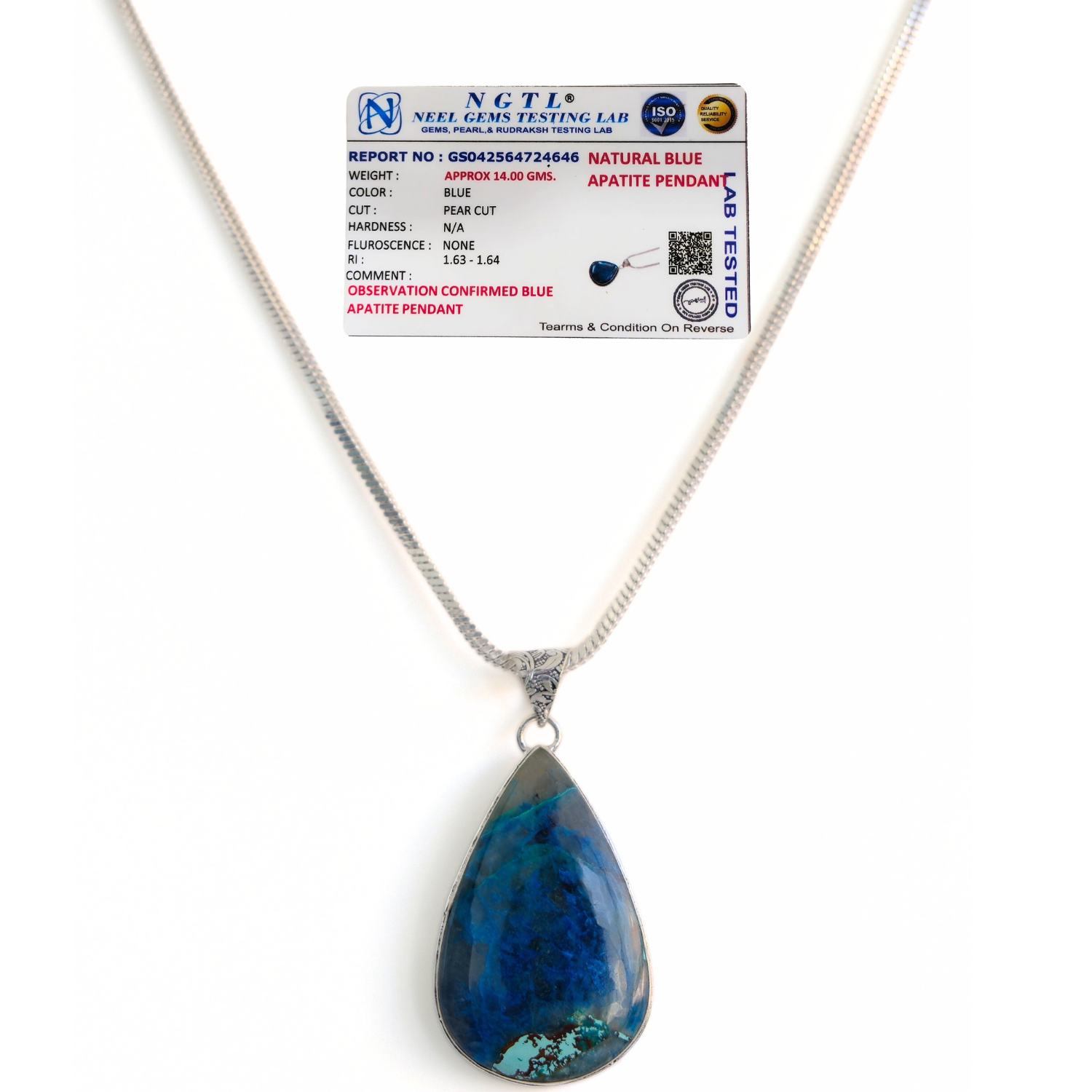 Blue Apatite Drop Pendant with 24-Inch Chain – Certified Natural Crystal Necklace for Men & Women image 3