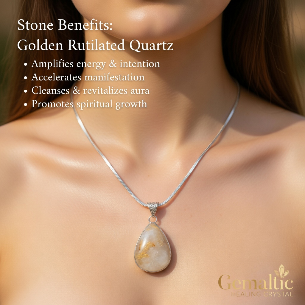 Golden Rutile Quartz Drop Pendant with 24-Inch Chain – Certified Natural Crystal Necklace for Men & Women