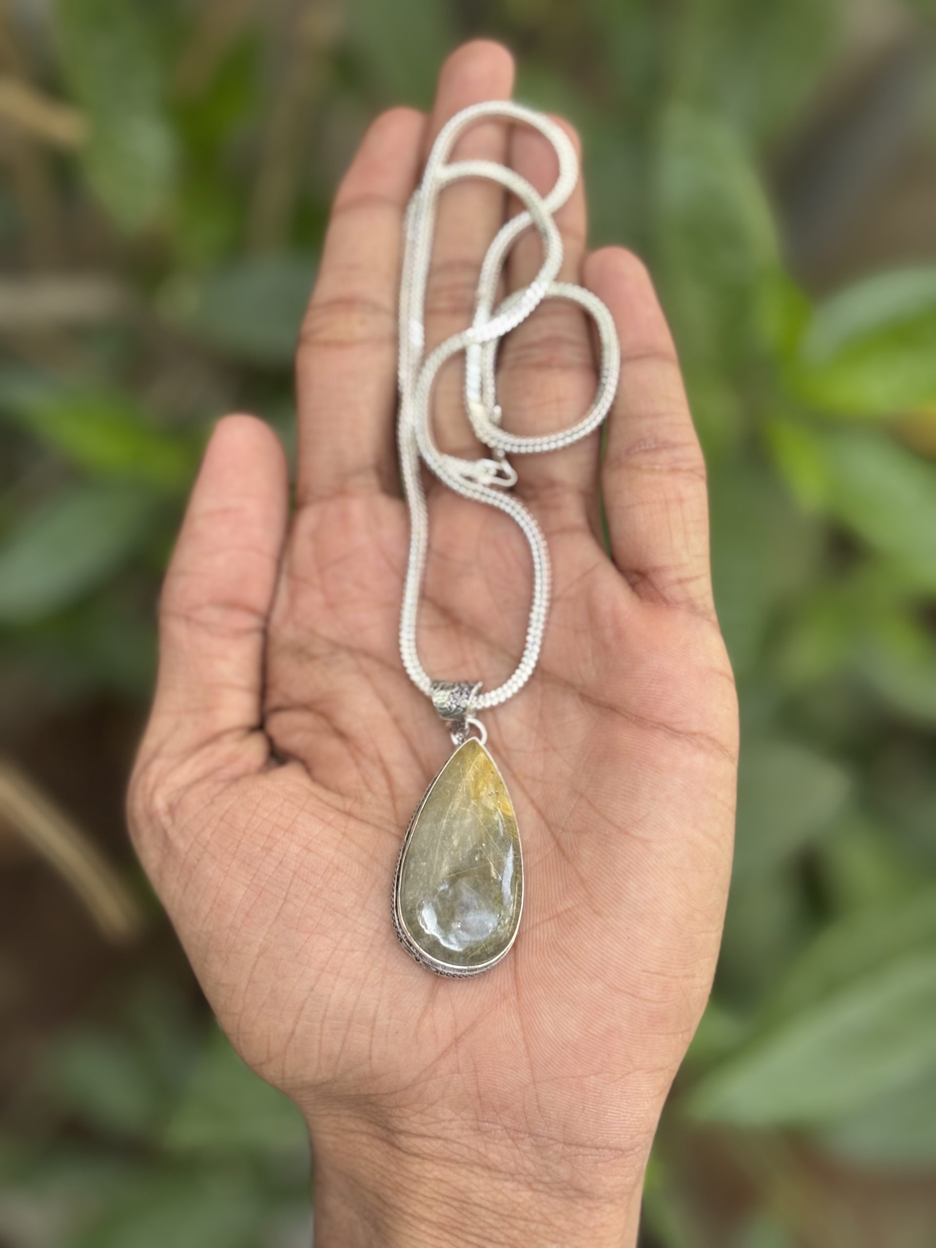 Golden Rutile Quartz Drop Pendant with 24-Inch Chain – Certified Natural Crystal Necklace for Men & Women image 2