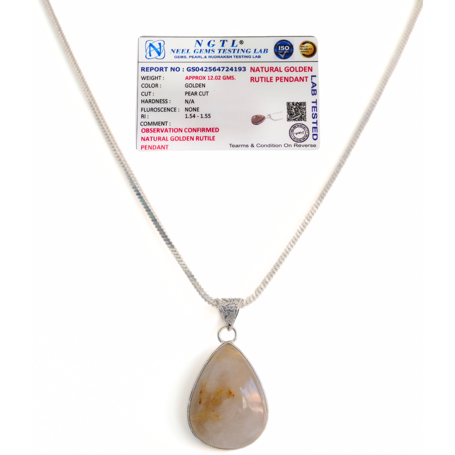 Golden Rutile Quartz Drop Pendant with 24-Inch Chain – Certified Natural Crystal Necklace for Men & Women image 3