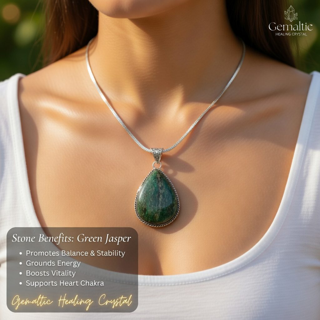 Green Jasper Drop Pendant with 24-Inch Chain – Certified Natural Crystal Necklace for Men & Women