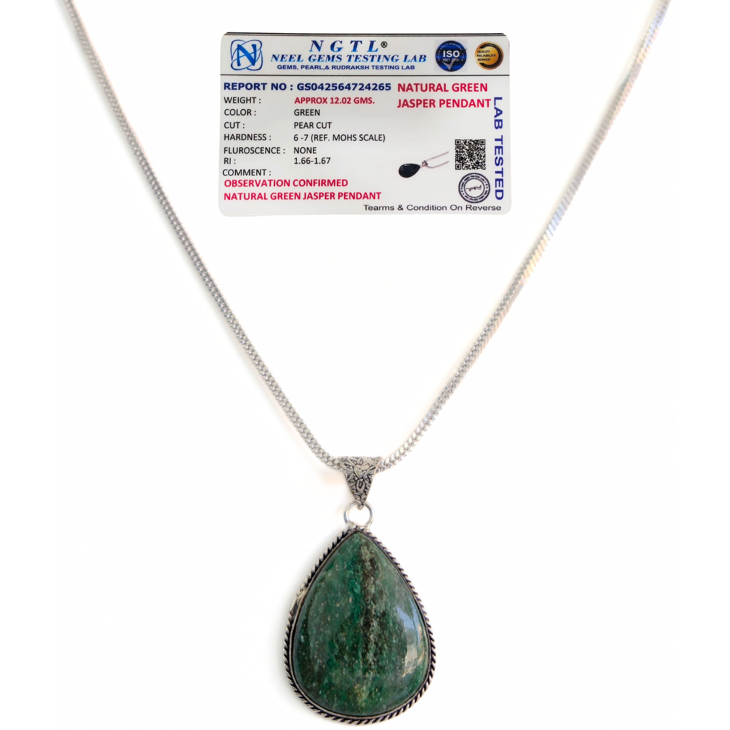 Green Jasper Drop Pendant with 24-Inch Chain – Certified Natural Crystal Necklace for Men & Women image 3