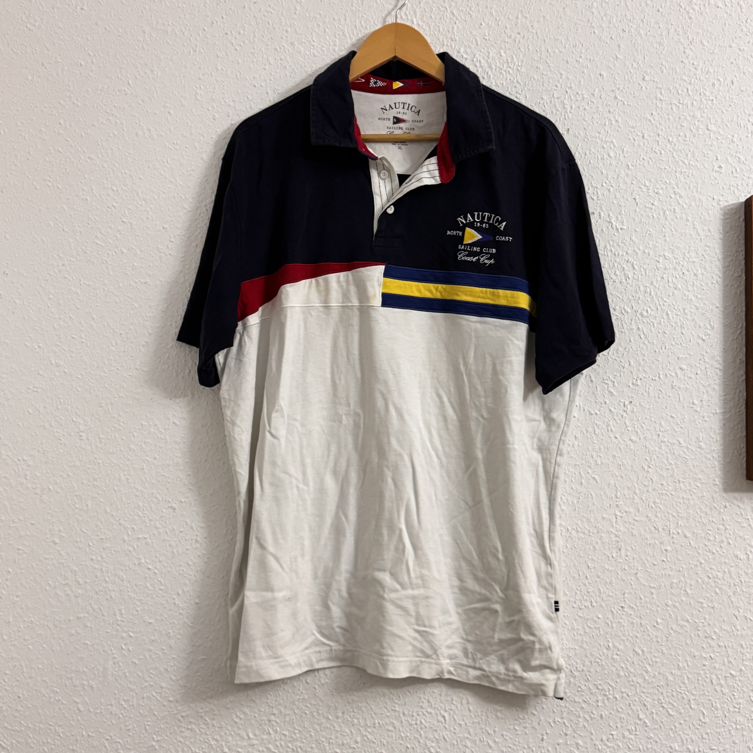 Nautica Navy, White & Yellow Polo Shirt XL Sailing Club Logo 2485