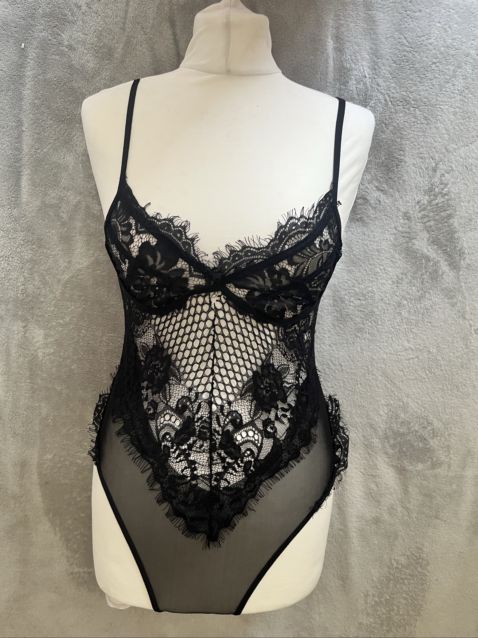 Black Lace Sheer Bodysuit Lingerie UK S-M Delicate Floral Mesh