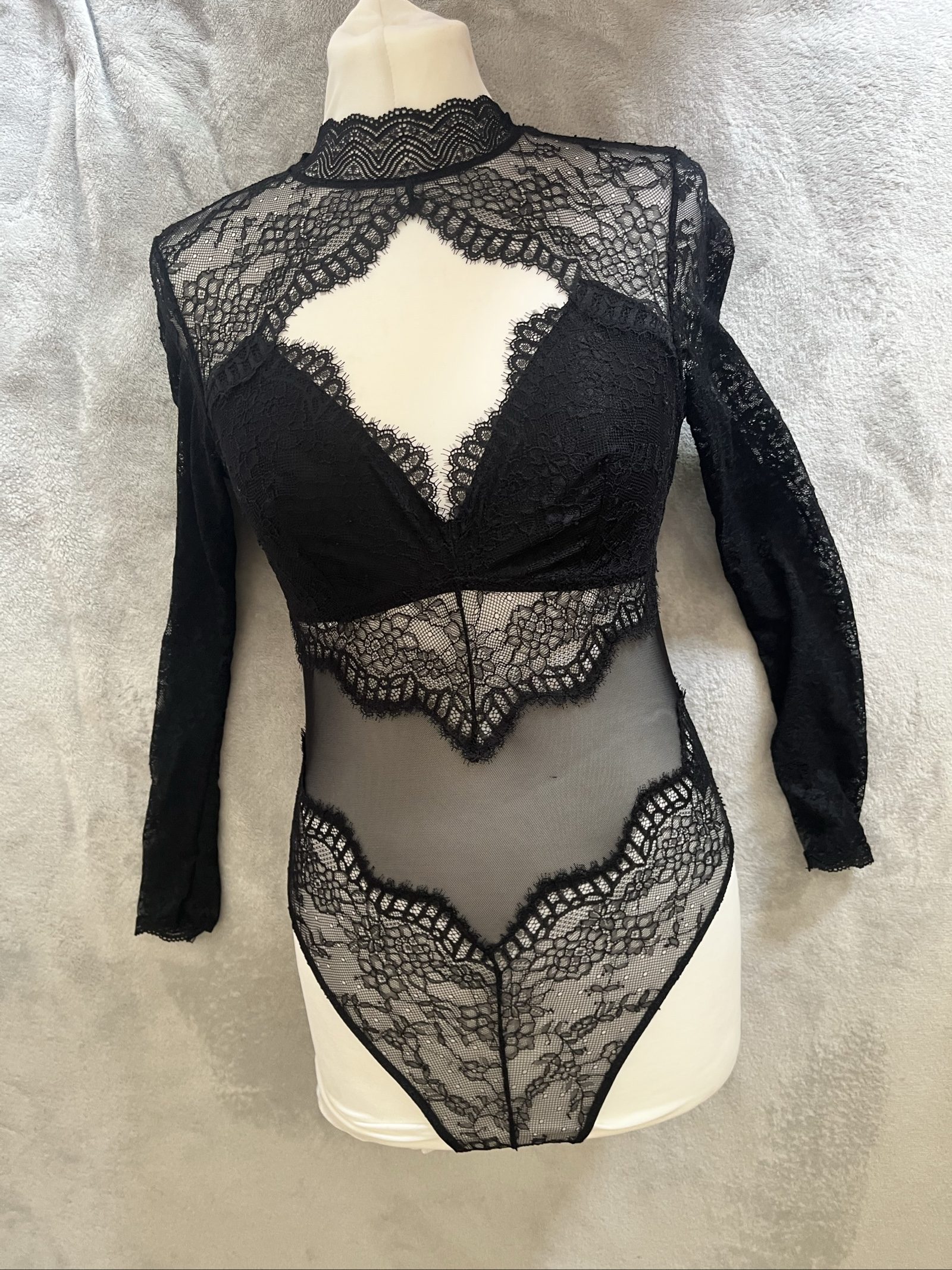 Primark Black Lace Sheer Mesh Bodysuit Long Sleeve Size Small