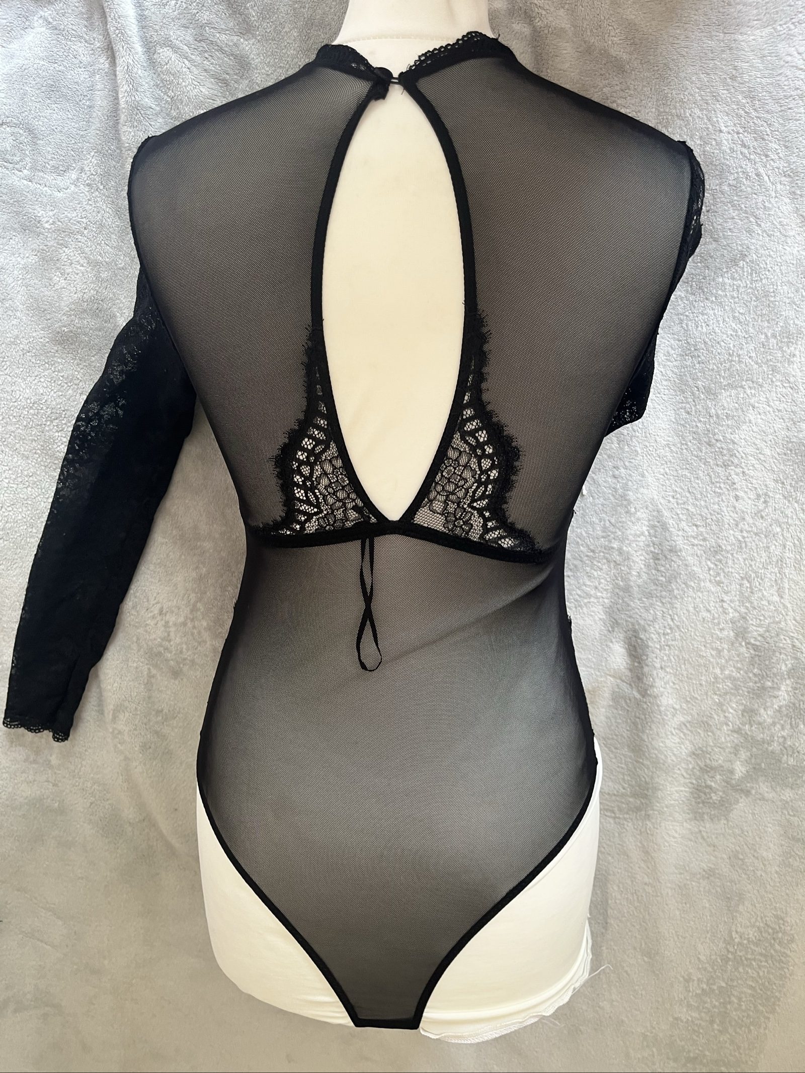 Primark Black Lace Sheer Mesh Bodysuit Long Sleeve Size Small image 4