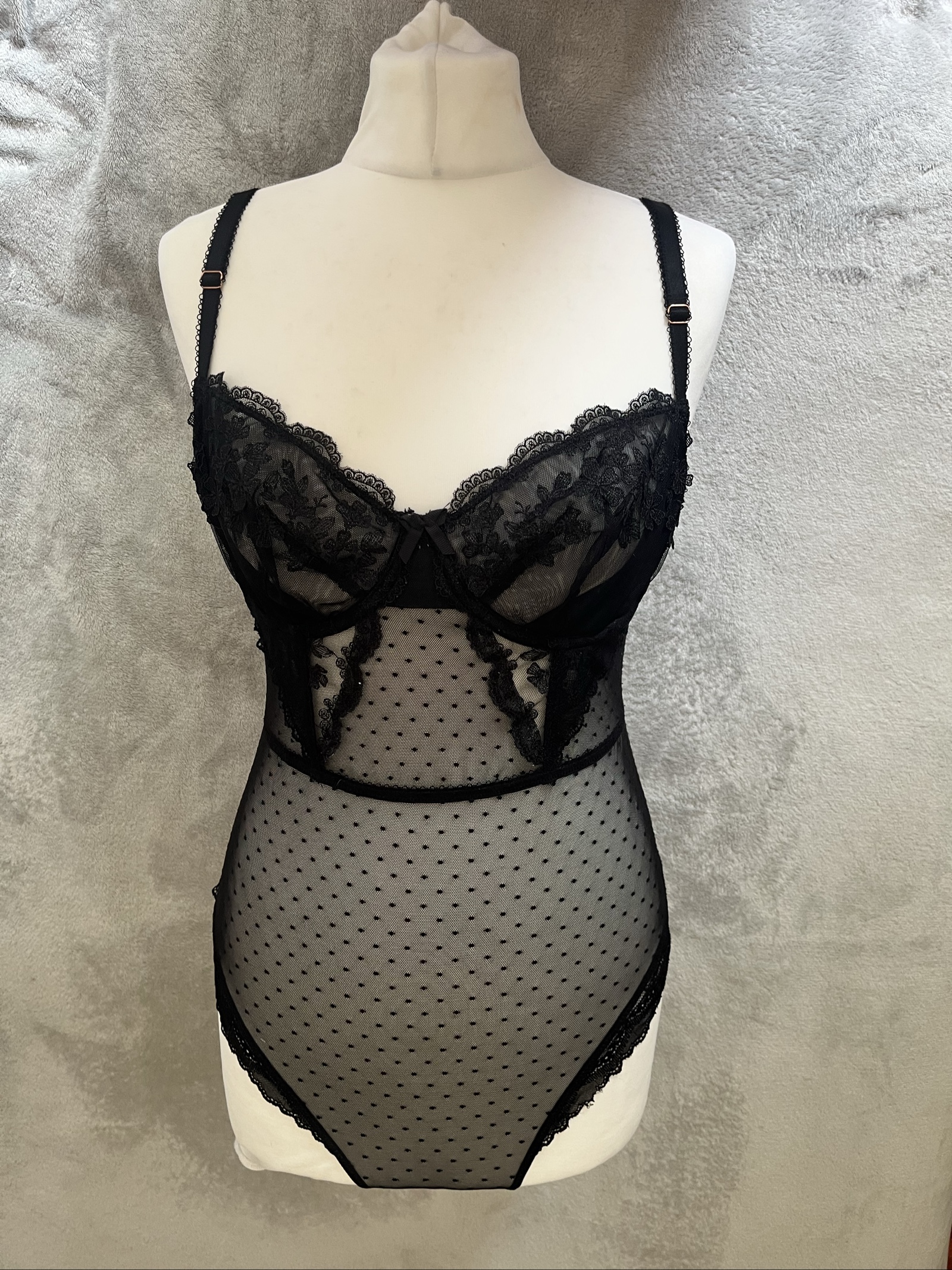 Boux Avenue Black Lace Sheer Mesh Bodysuit UK 34D Floral Embroidery