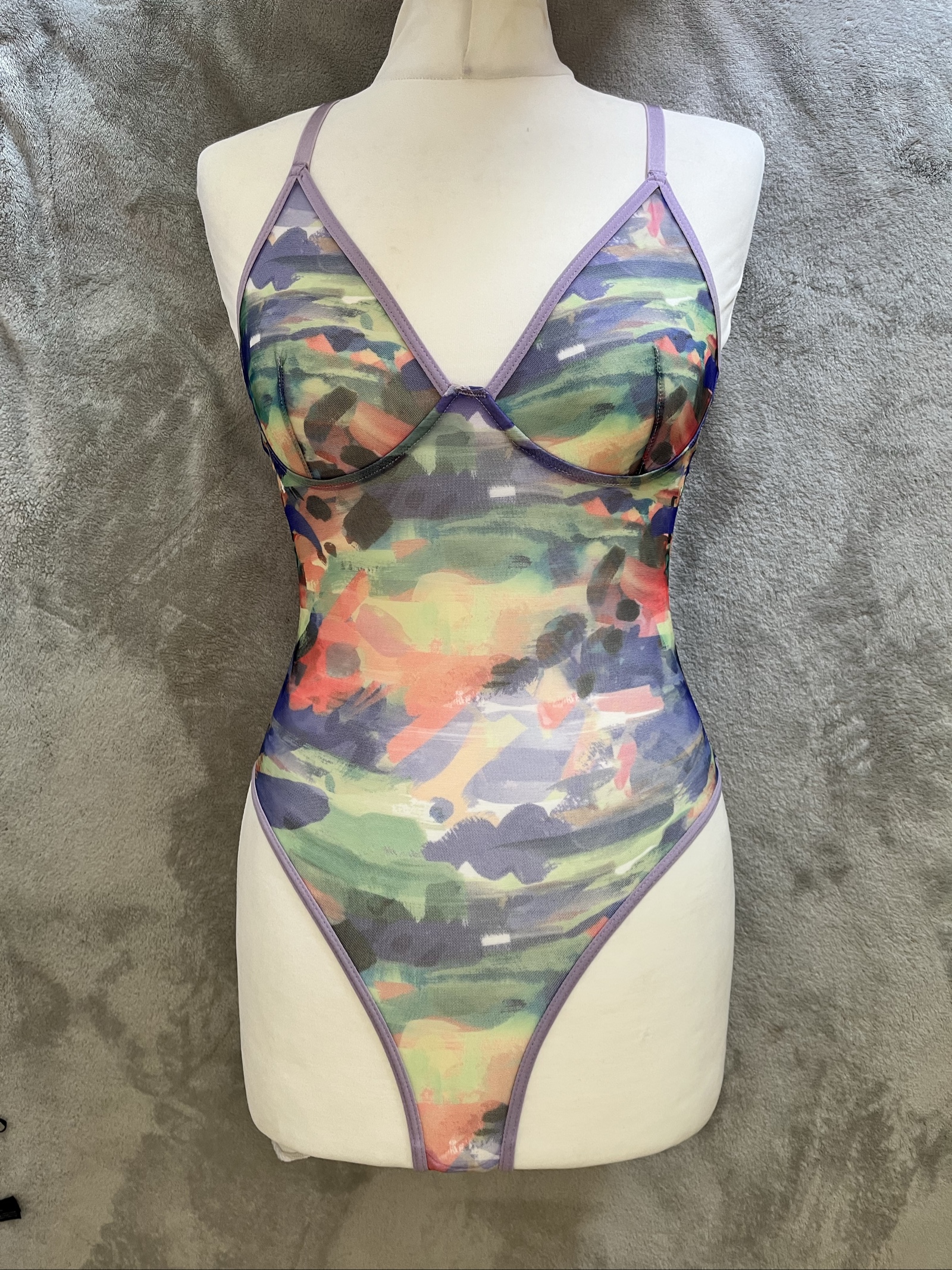Nasty Gal Multicoloured Sheer Mesh Bodysuit UK 12 Small