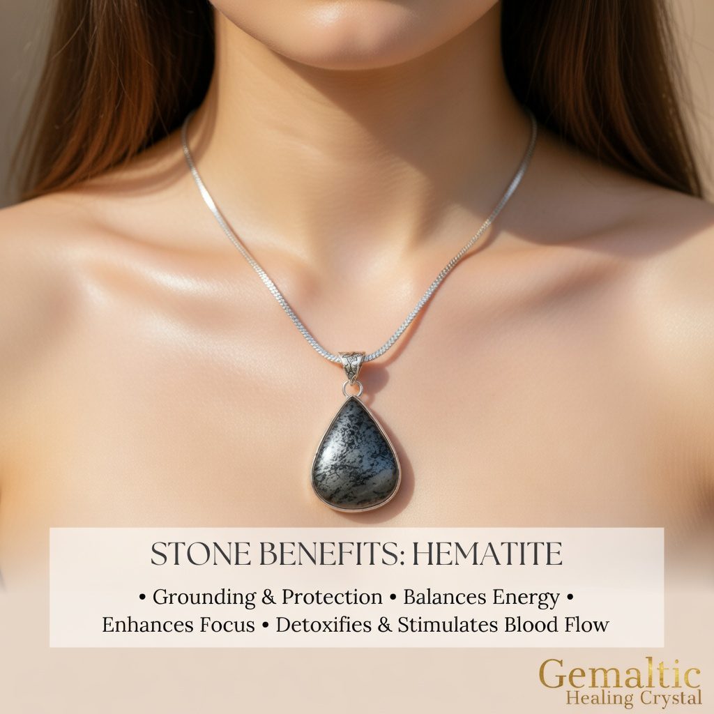 Hematite Drop Shape Pendant with Chain – Certified Natural Stone Necklace for Men & Women
