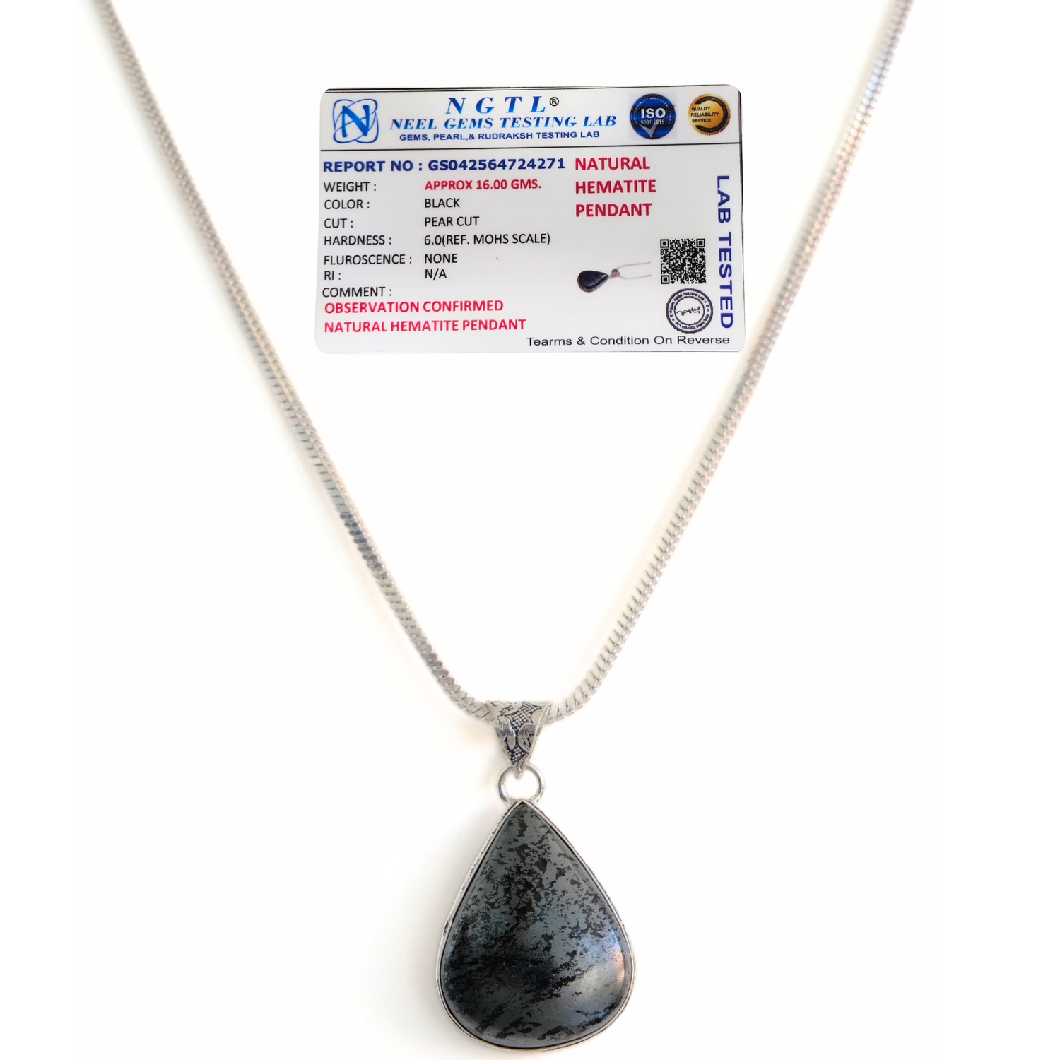 Hematite Drop Shape Pendant with Chain – Certified Natural Stone Necklace for Men & Women image 3