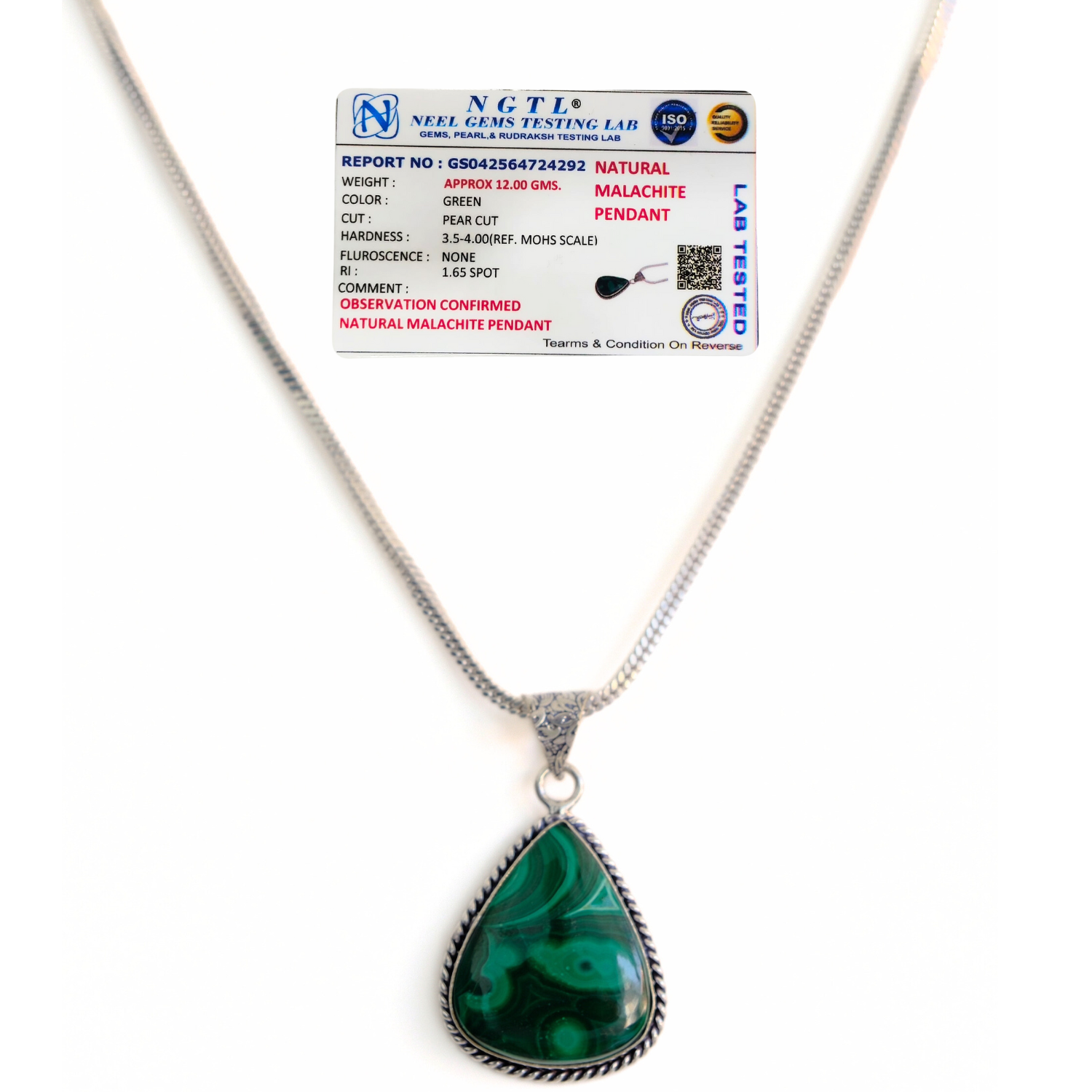 Malachite Drop Shape Pendant with Chain – Certified Natural Stone Crystal Necklace image 3