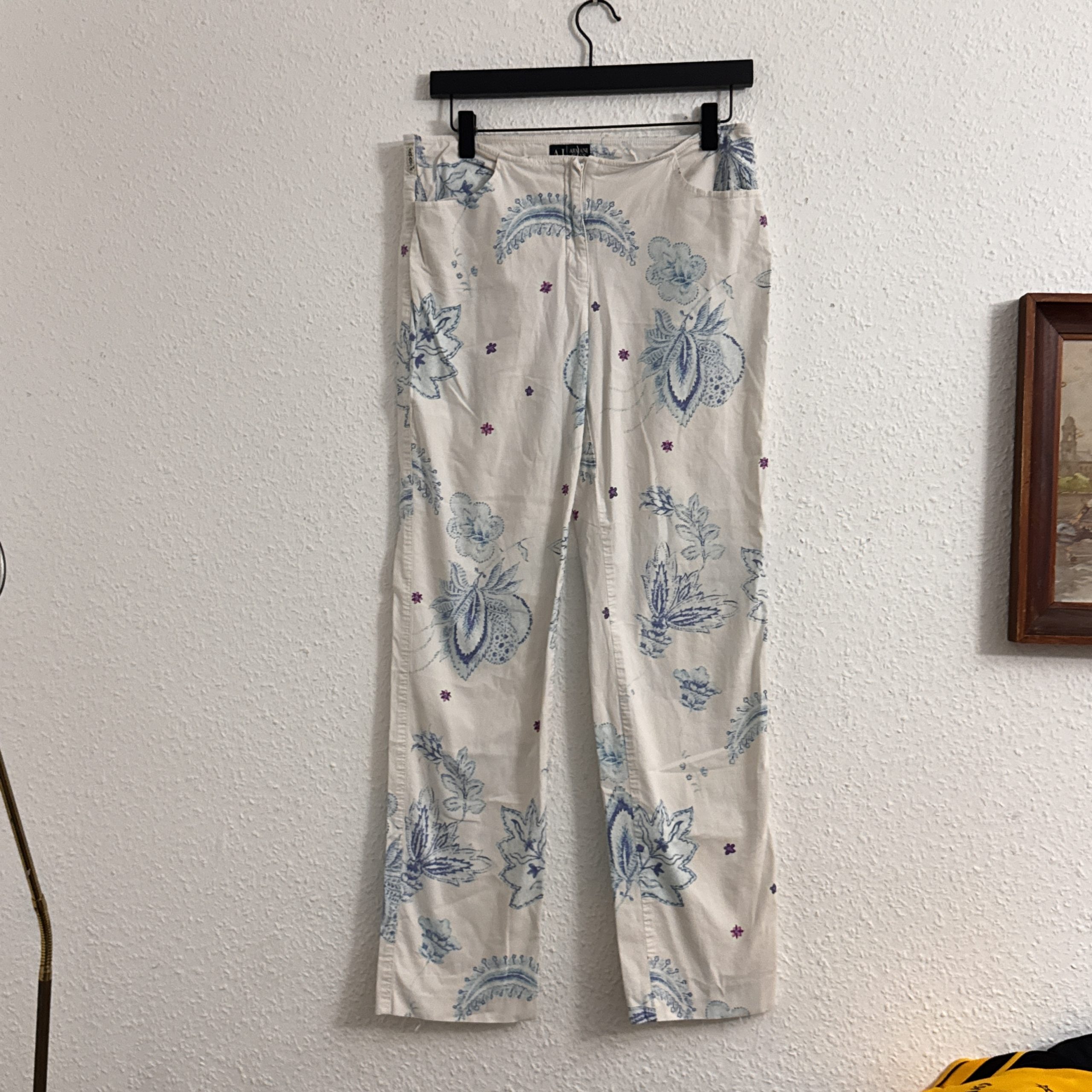 Etam White Blue Floral Print Straight Leg Trousers Size L 2535