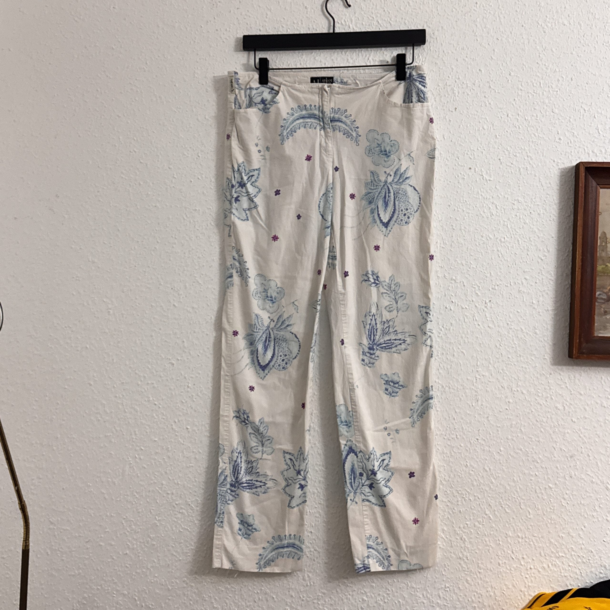 Etam White Blue Floral Print Straight Leg Trousers Size L 2535 image 2