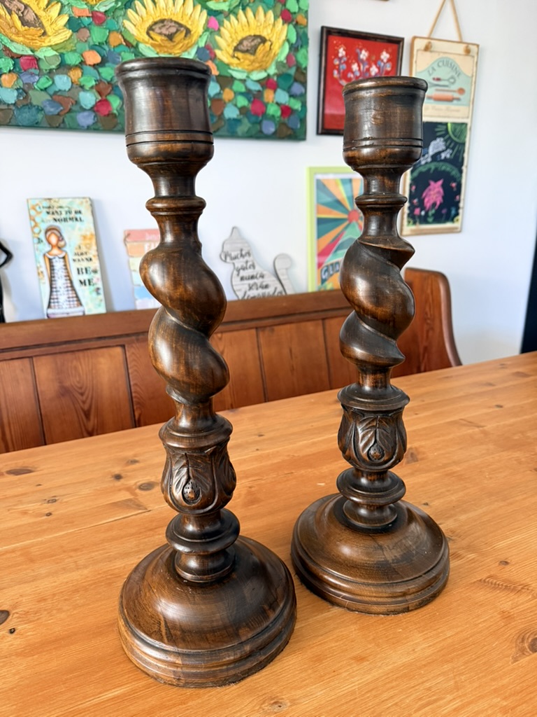 Vintage Brown Wood Carved Spiral Barleytwist Candlesticks Pair 18inches tall