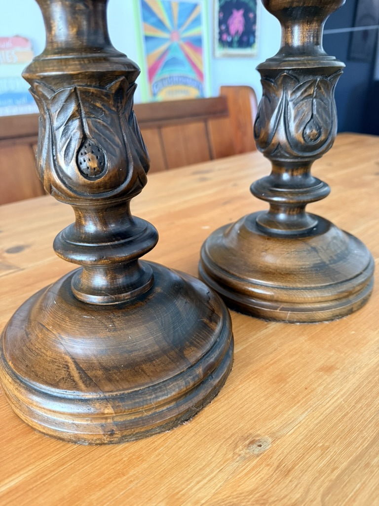Vintage Brown Wood Carved Spiral Barleytwist Candlesticks Pair 18inches tall image 2
