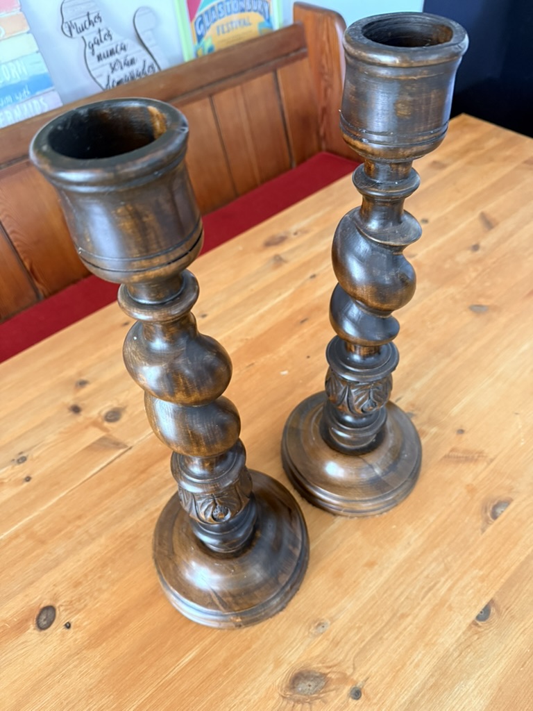 Vintage Brown Wood Carved Spiral Barleytwist Candlesticks Pair 18inches tall image 3