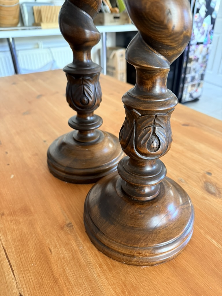 Vintage Brown Wood Carved Spiral Barleytwist Candlesticks Pair 18inches tall image 4