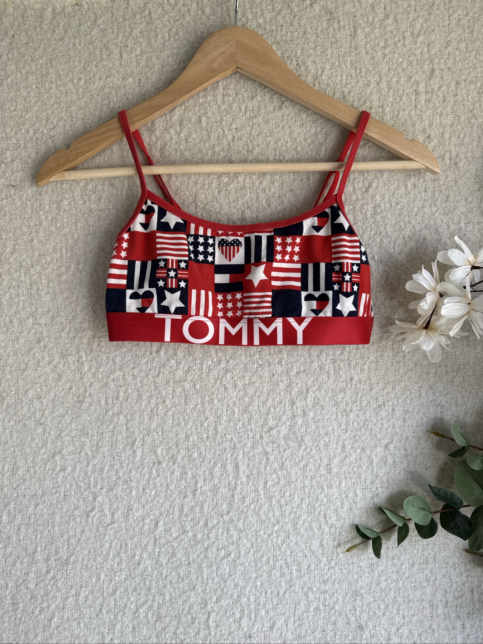 Tommy Hilfiger Red White Blue Flag Print Crop Top Sports Bra Small Stylish