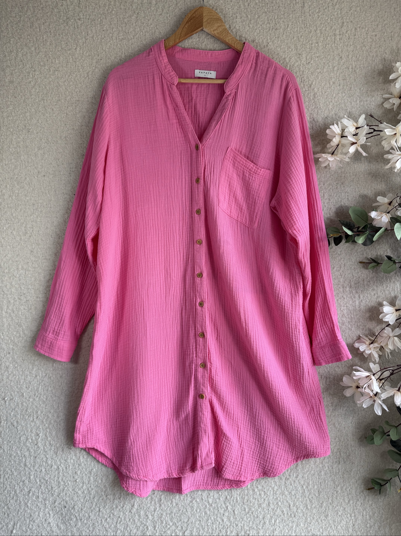 Papaya Pink Cotton Long Sleeve Shirt Dress Large Relaxed Fit Casual Chic