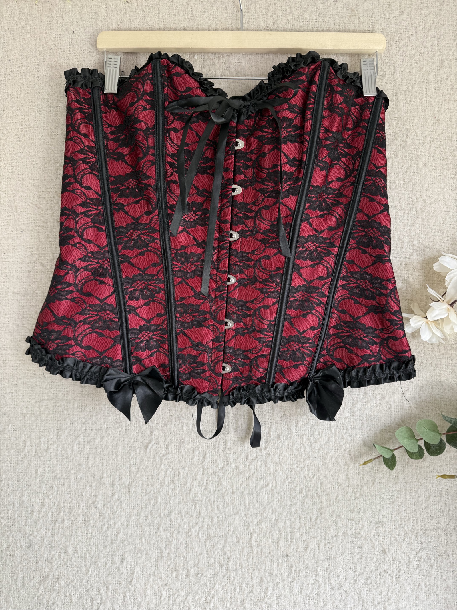 Red & Black Lace Overbust Corset Top 3XL Elegant Gothic Boned Waist Cincher