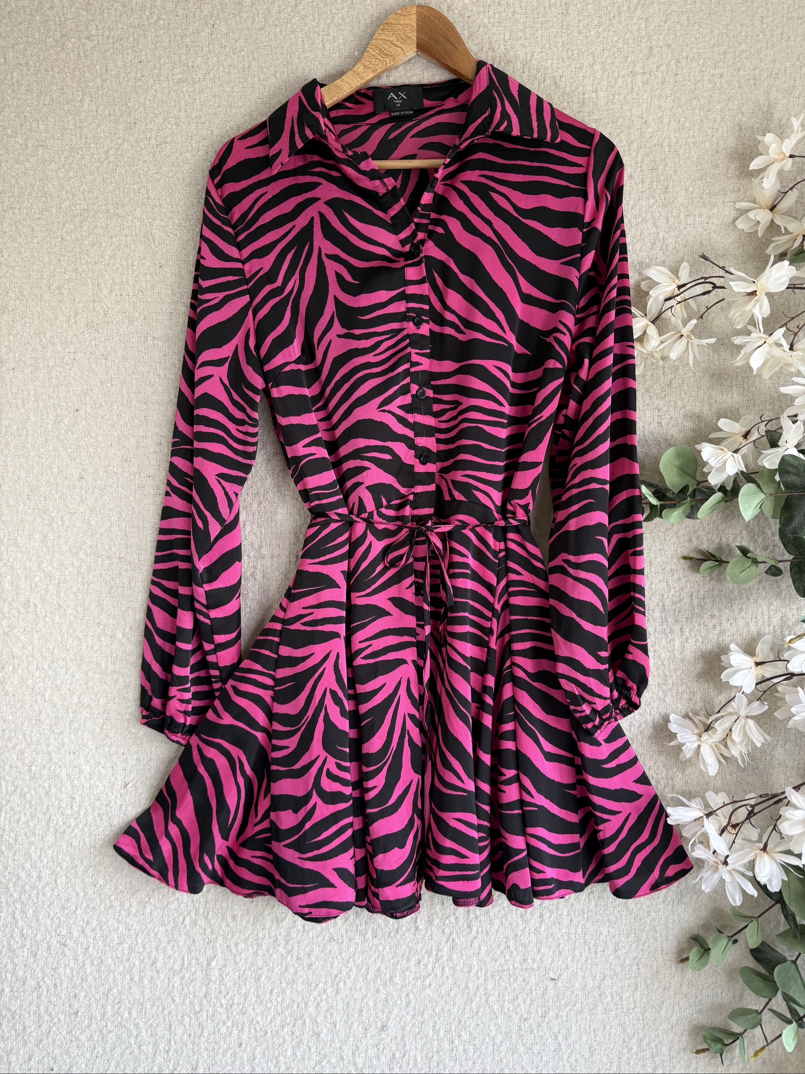 AX Paris Pink & Black Zebra Print Shirt Dress Size 14 Soft Flowing Fabric