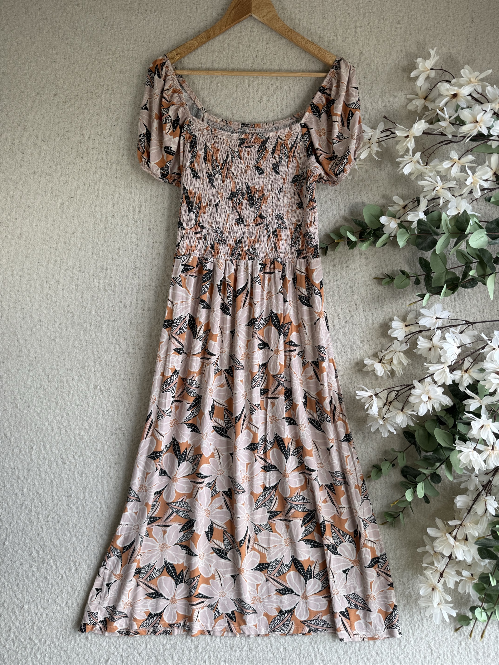 Peacocks Beige Black Floral Print Maxi Dress Size 14 Casual Summer Maxi Dress