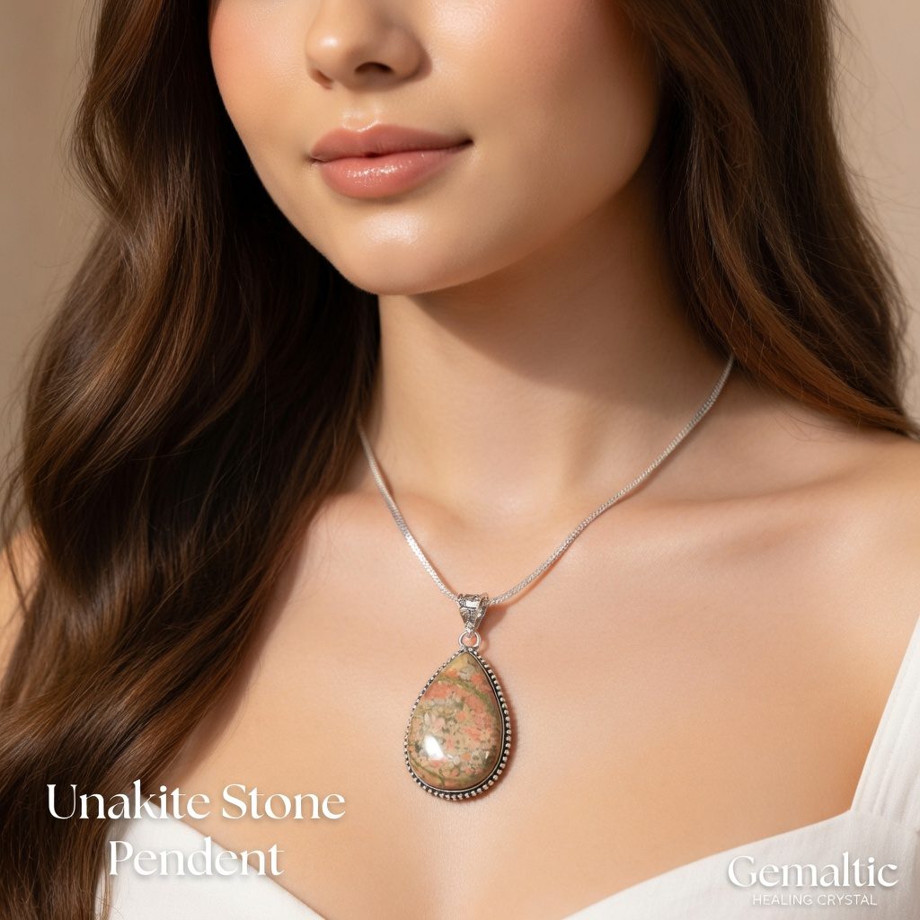 Unakite Drop Shape Pendant with Chain – 100% Pure Natural Certified Stone Pendant Necklace for Women & Girls