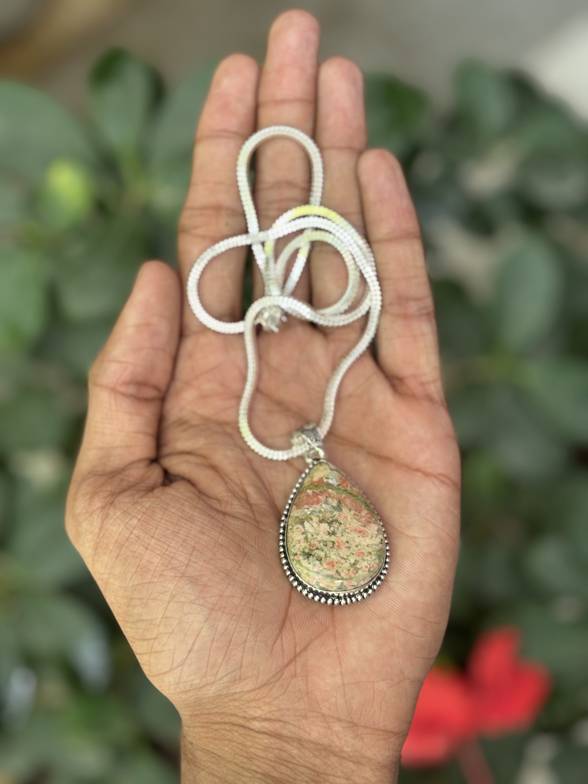 Unakite Drop Shape Pendant with Chain – 100% Pure Natural Certified Stone Pendant Necklace for Women & Girls image 2