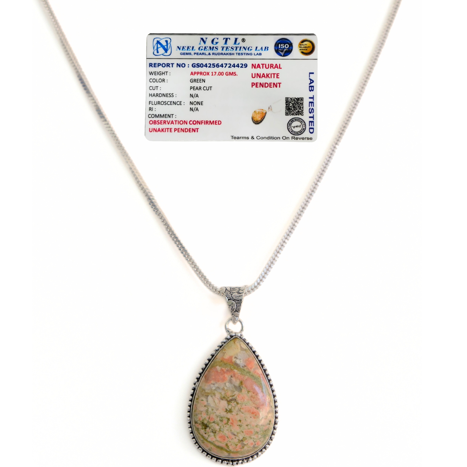 Unakite Drop Shape Pendant with Chain – 100% Pure Natural Certified Stone Pendant Necklace for Women & Girls image 3