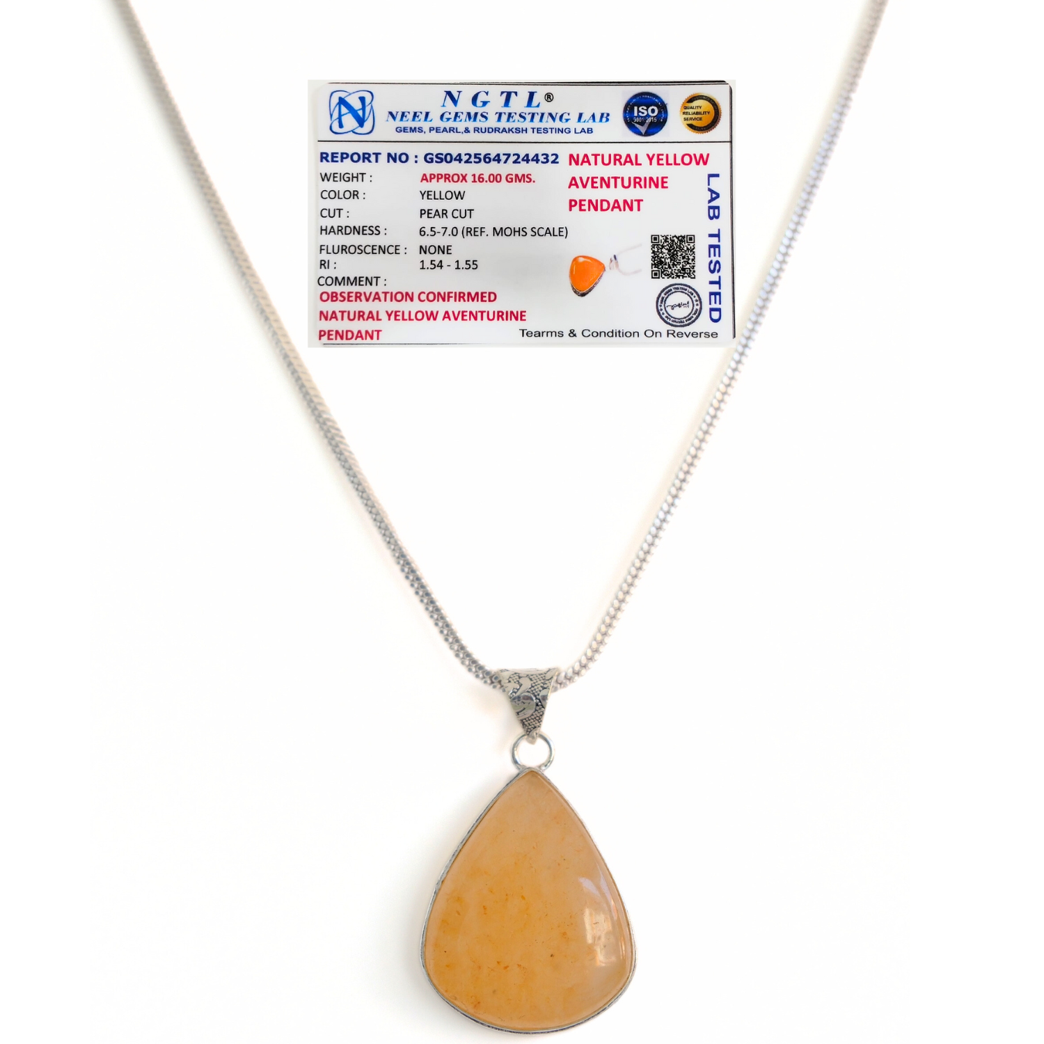 Yellow Aventurine Drop Shape Pendant with Chain – 100% Pure Natural Certified Stone Pendant Necklace for Women & Girls image 3