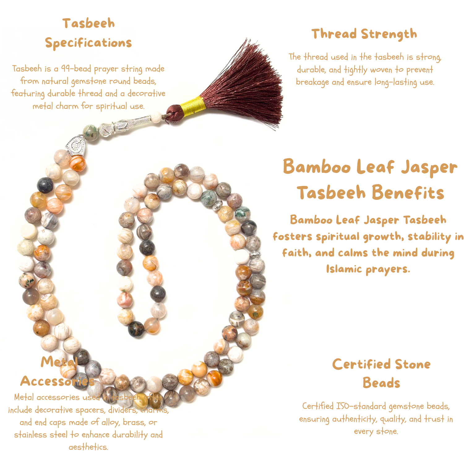 Bamboo Leaf Agate Tasbih 8MM 99+1 Beads – 100% Natural Certified Handmade Stone Tasbih image 3