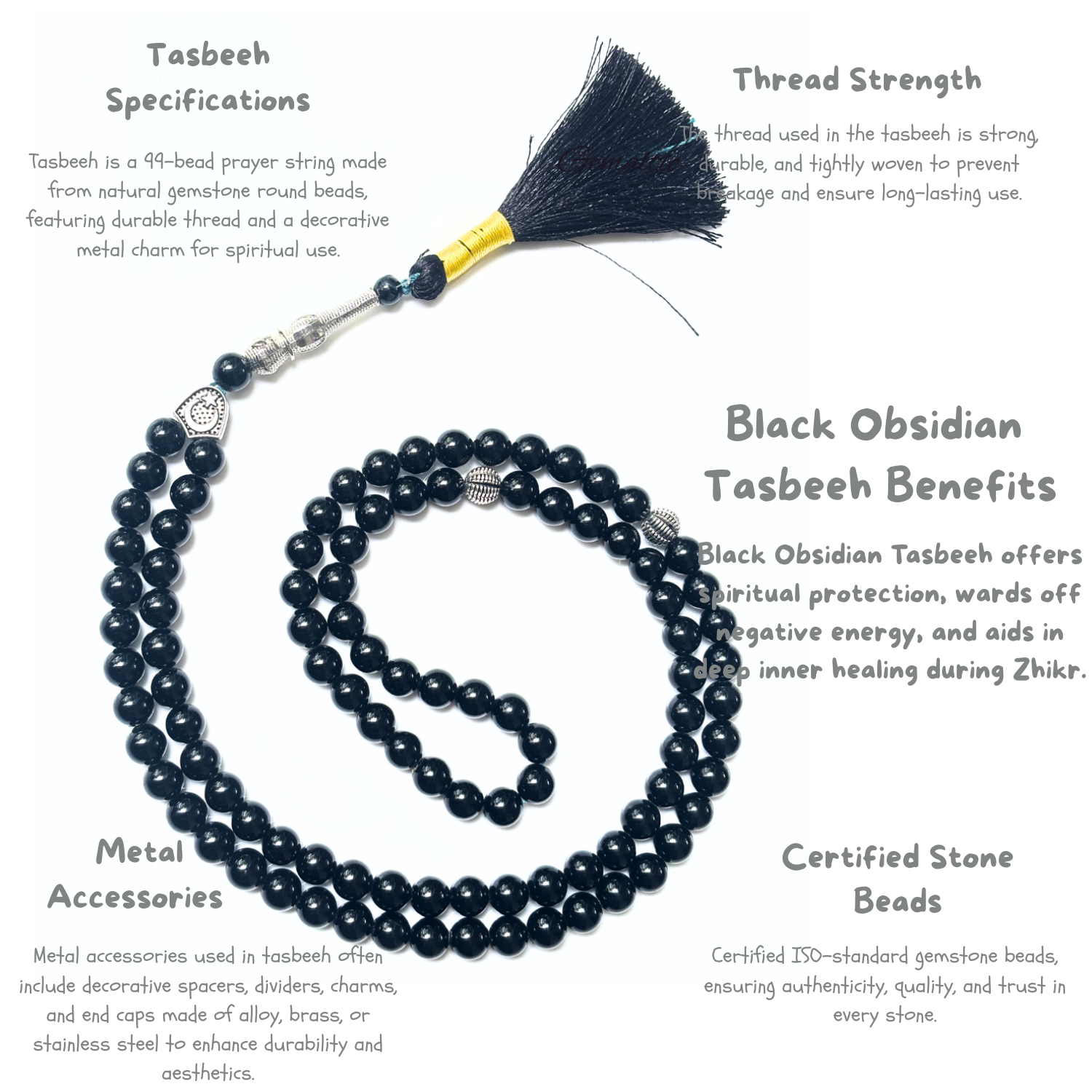 Black Tourmaline Tasbih 8MM 99+1 Beads – 100% Natural Certified Handmade Gemstone Prayer Beads image 3