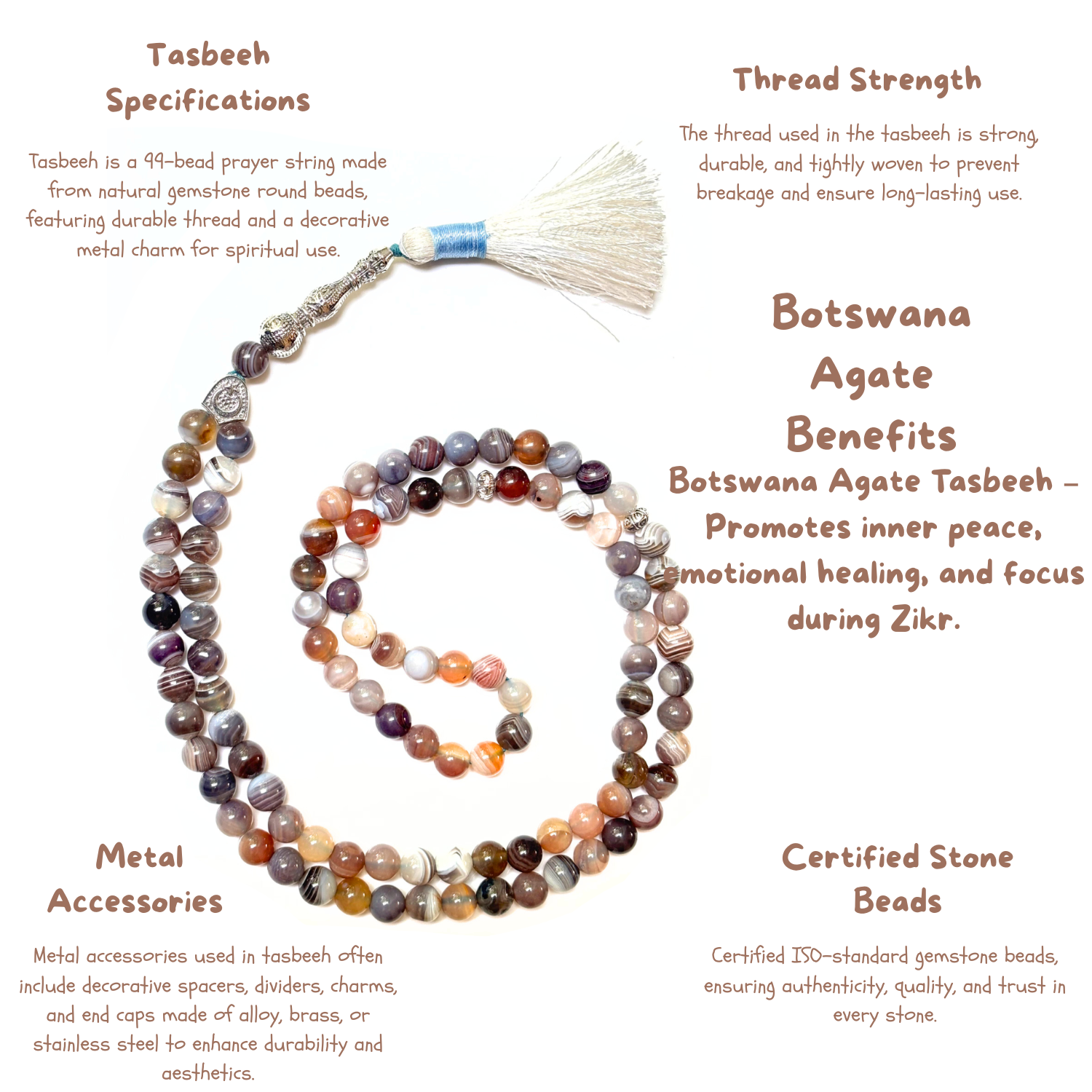 Botswana Agate Tasbih 8MM 99+1 Beads – 100% Natural Certified Handmade Stone Tasbih image 3