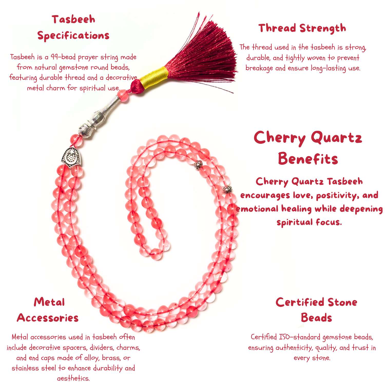 Cherry Quartz Tasbih 8MM 99+1 Beads – 100% Natural Certified Handmade Stone Tasbih image 3