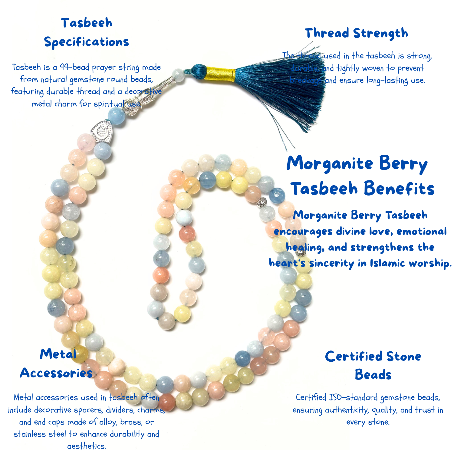 Morganite Berry Tasbih 8MM – 99+1 Beads | 100% Natural Certified Handmade Stone Tasbih image 3